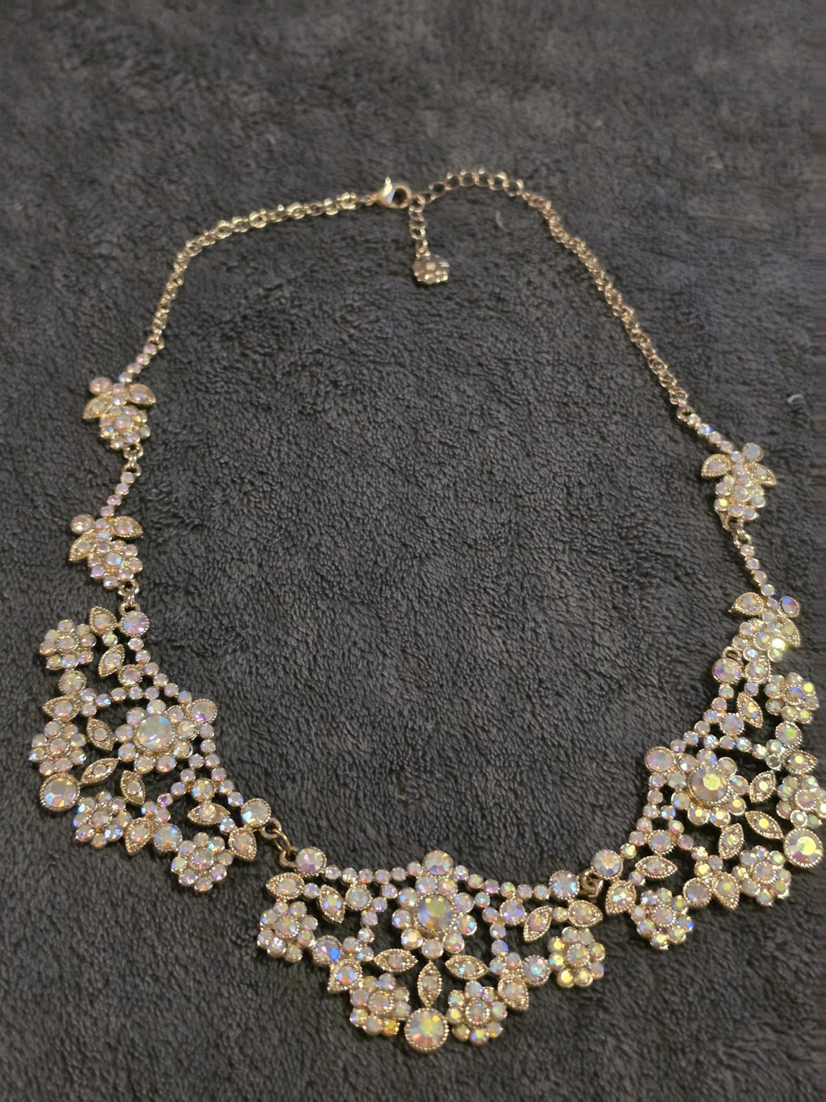 Monet Gold Tone Floral Bib Necklace White Rhinestone Crystal Lobster Clasp