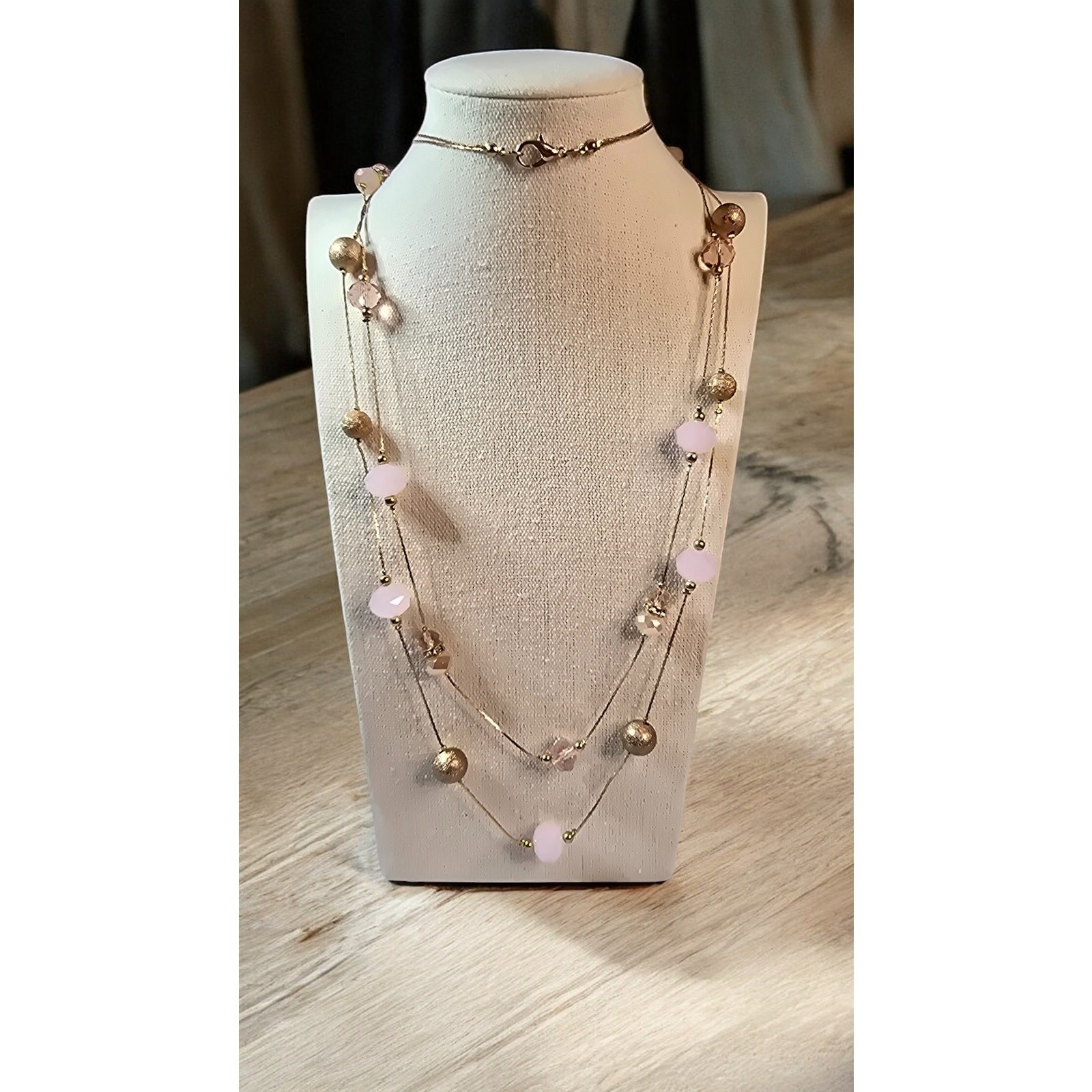 Pink, Gold and Pink Crystal Long Beaded Two Strand Layered Necklace