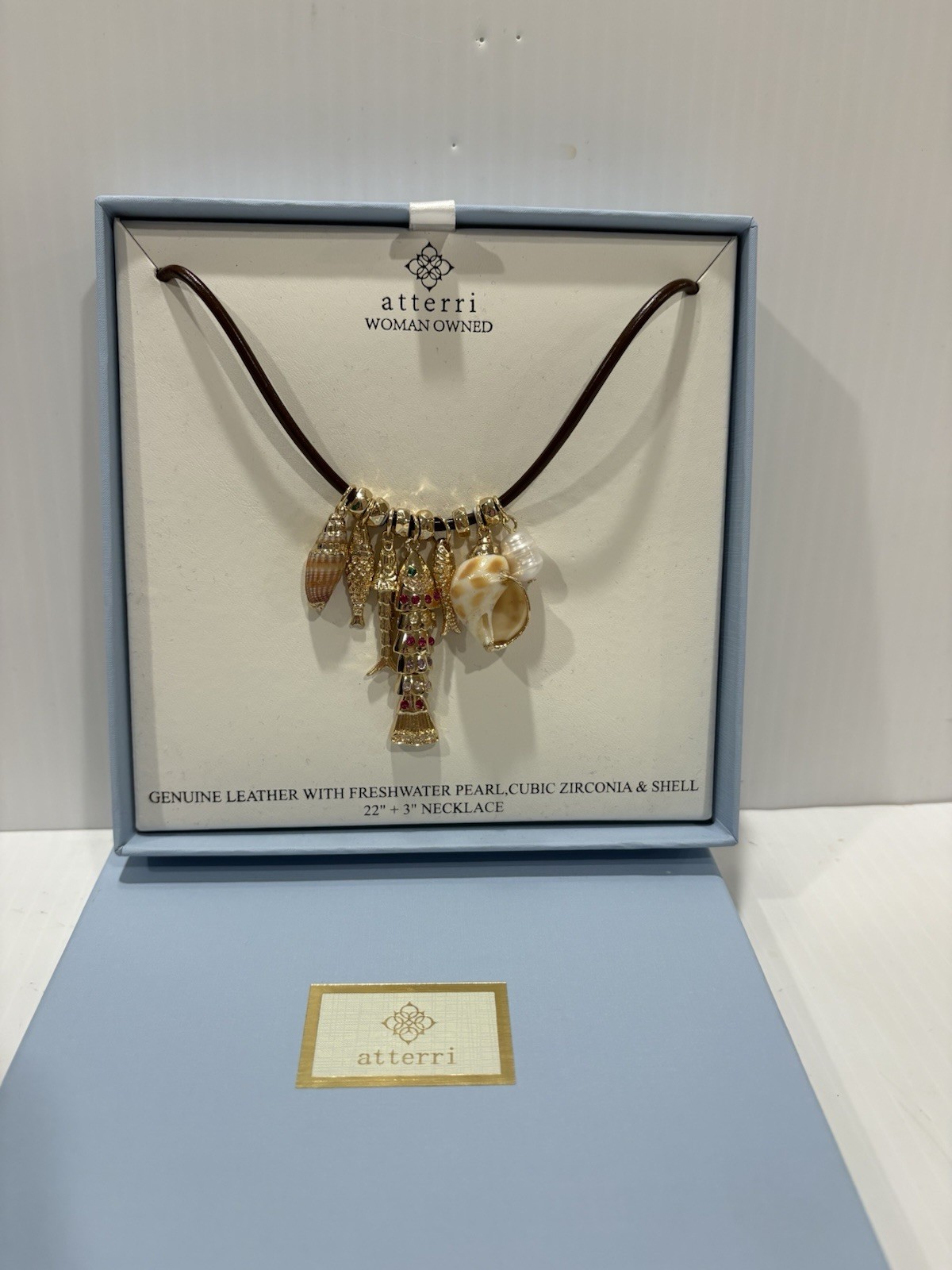 ATTERRI CHARM NECKLACE GENUINE LEATHER W FRESH WATER PEARL CUBIC ZIRCONIA &SHELL