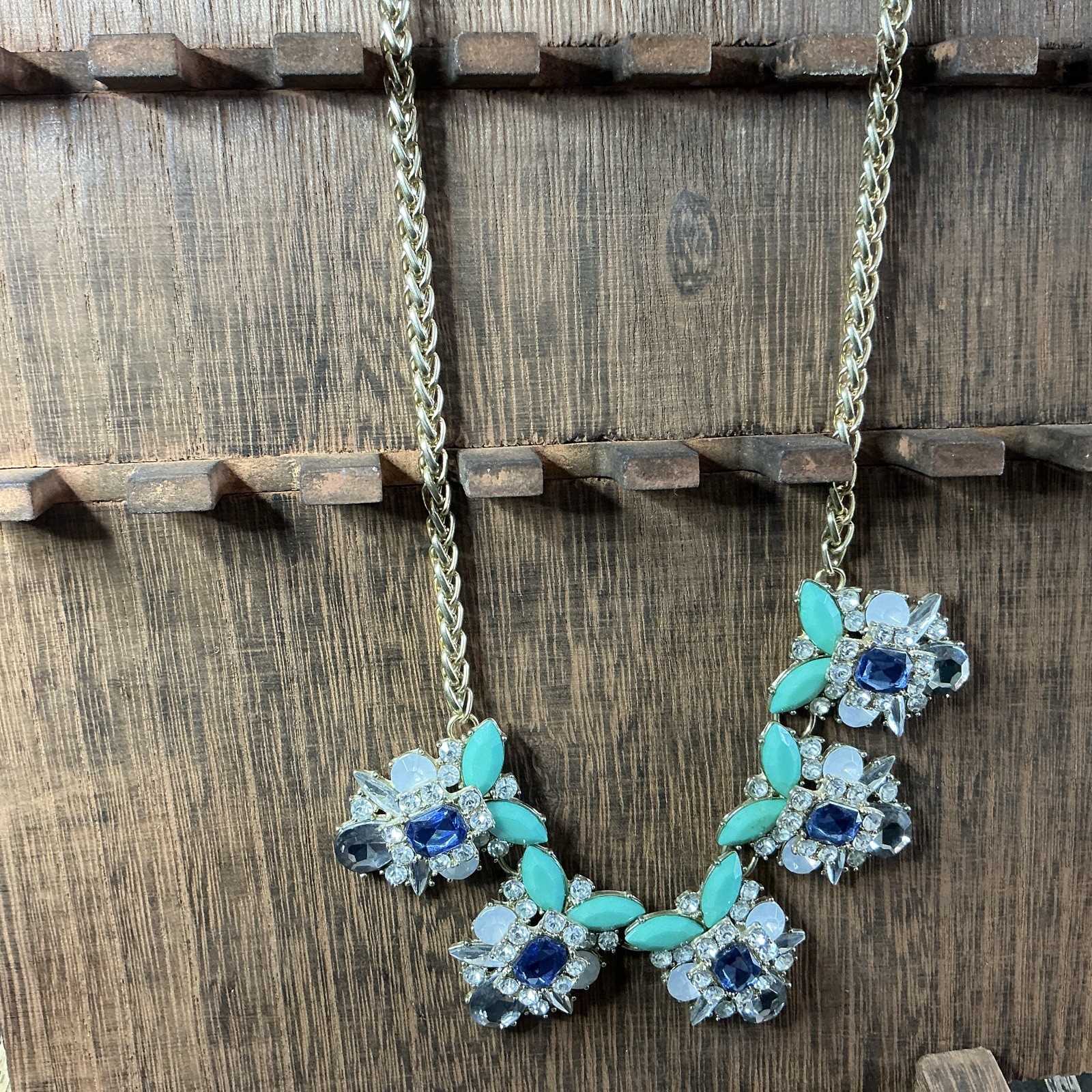 Gold Tone Blingy Statement Collar Necklace Crystal Accents Green Blue Clear