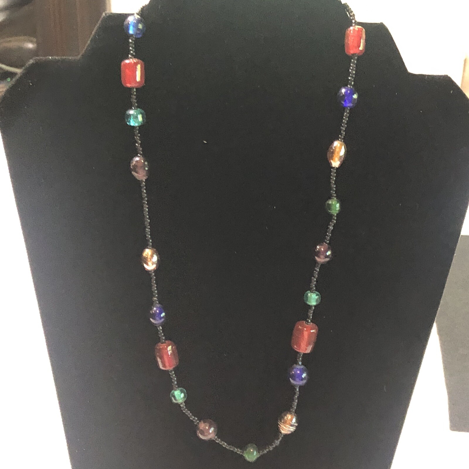 Glass Beaded Necklace 18” Multicolored With Iridescence Black Seed Bead Spacers