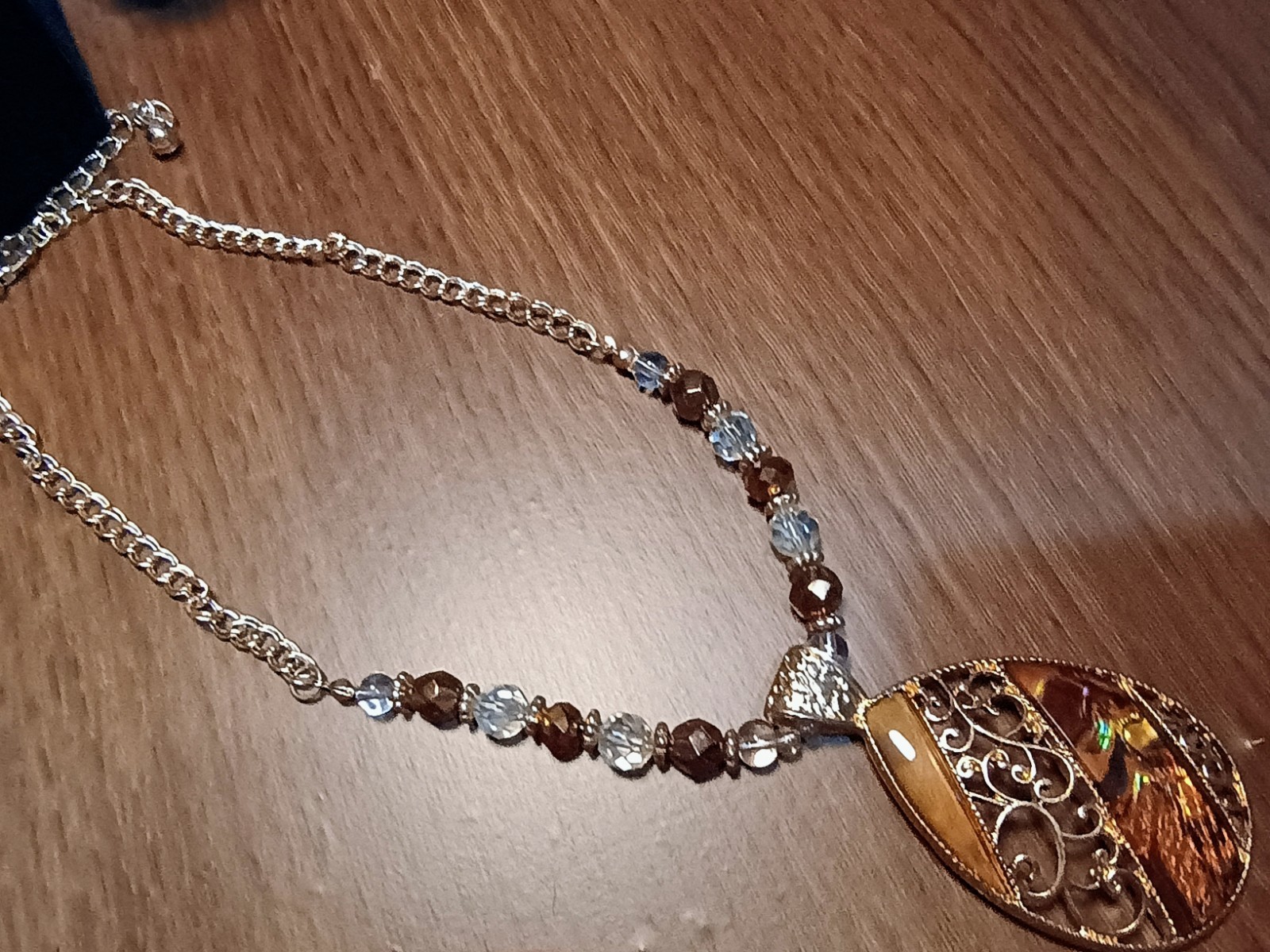 Teardrop Charm Pendant Necklace Multicolor Inlay, Beaded Cable Chain