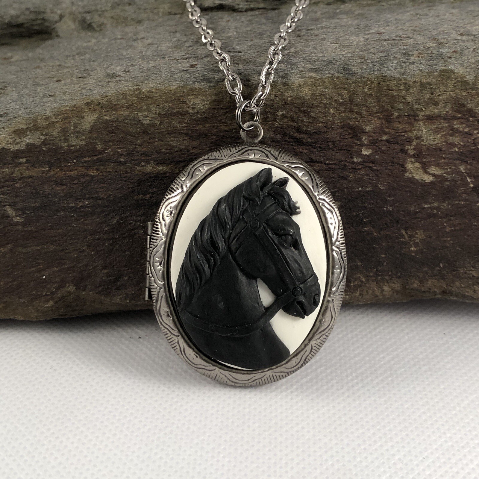Black Horse Cameo Locket Necklace, Antique Silver, Memory Photo Keepsakes Box