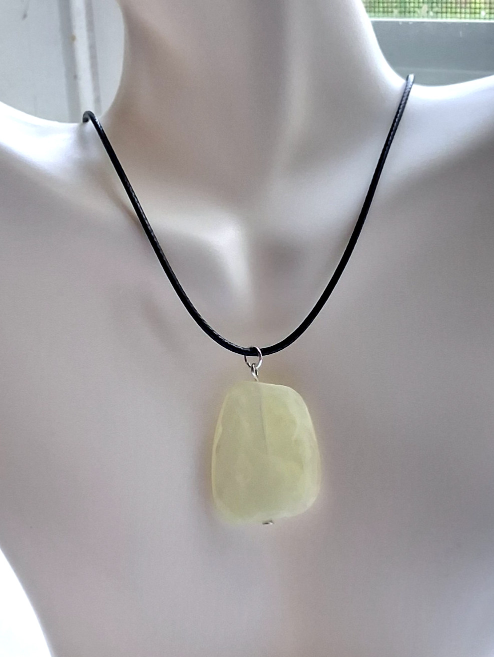Faceted Yellow Glass Bead Pendant Black Cord Rope Necklace Handmade Statement