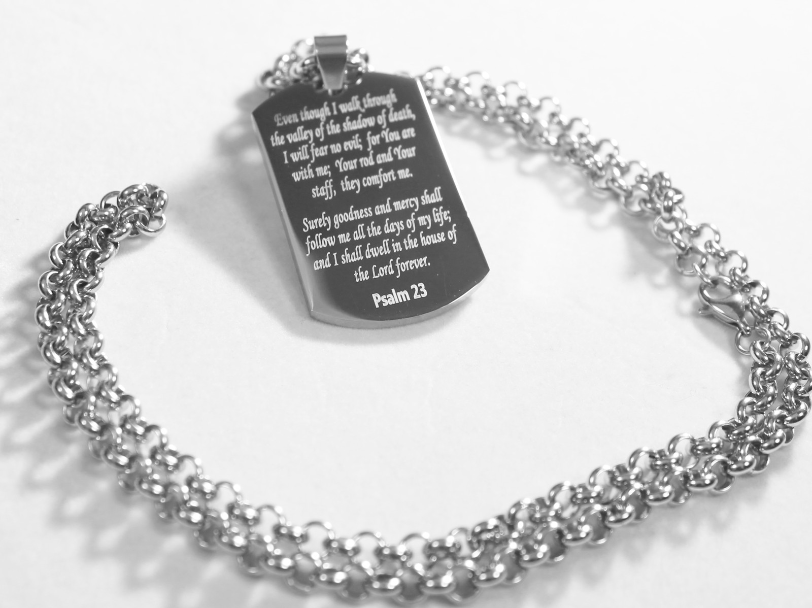 PSALM 23 THICK NECKLACE DOG TAG STAINLESS STEEL ROLO CHAIN PRAYER MEMORIAL