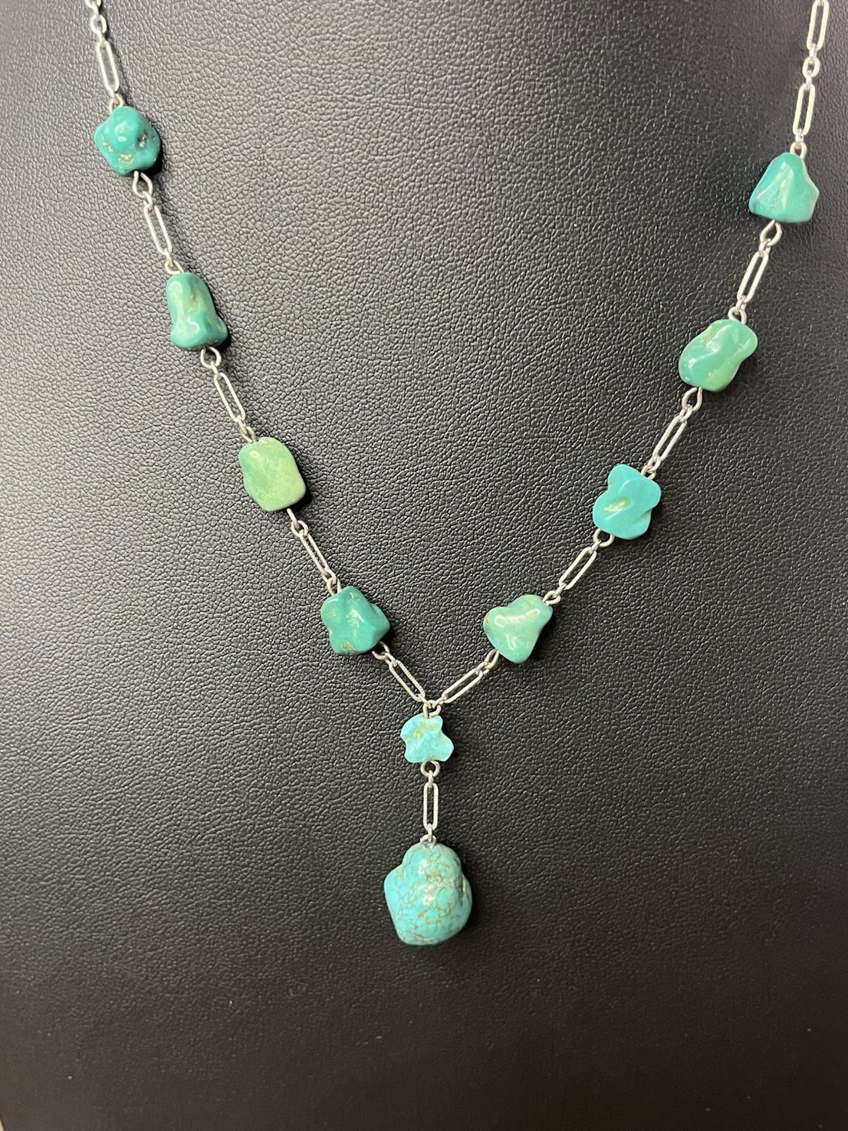 Vintage Turquoise Stone Silver Toned Paperclip Necklace 12-16 In Adjustable