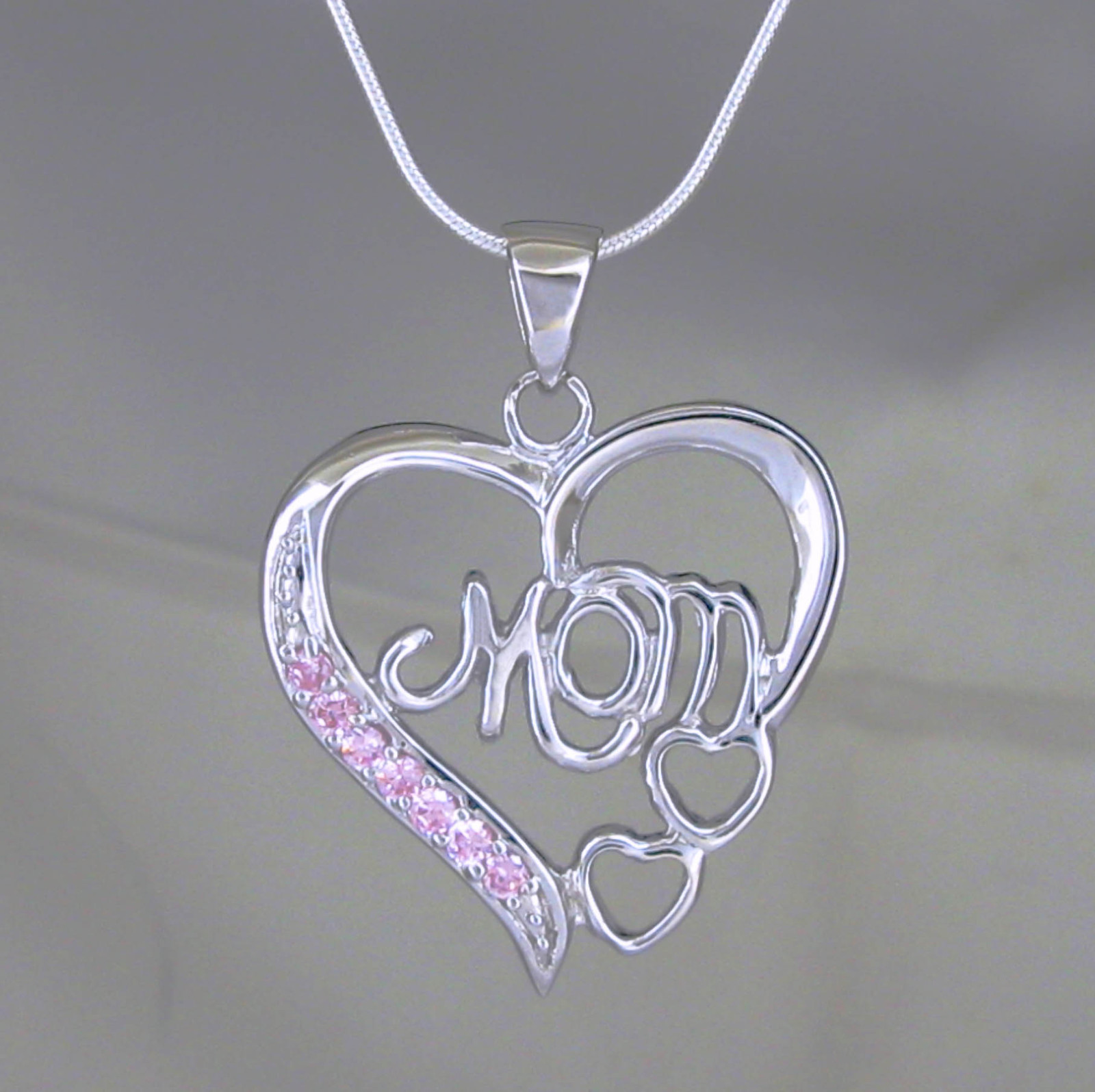MOM Heart with Pink Gemstones in Sterling Silver with 925 Snake Chain – NEW!