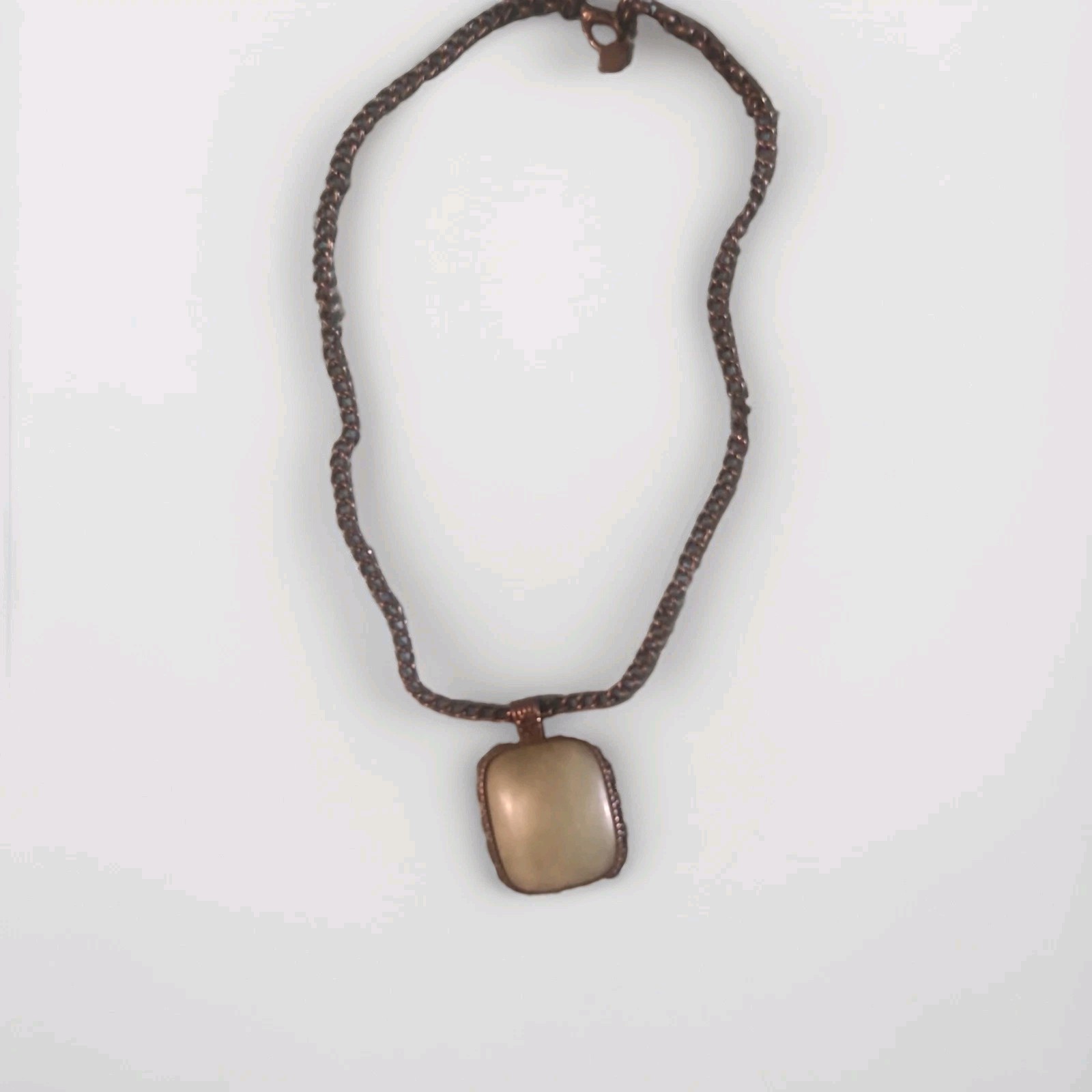 Copper Tone Cable Chain Necklace w/ Square Pale Green Pendant, Lobster Clasp