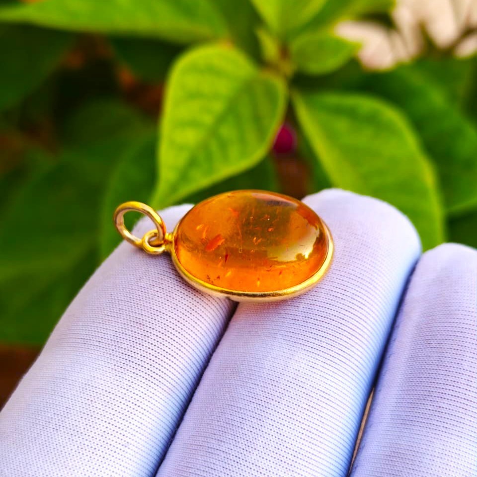 Natural Amber Gemstone Pendant Charm 925 Sterling Silver Gold Plated Jewelry