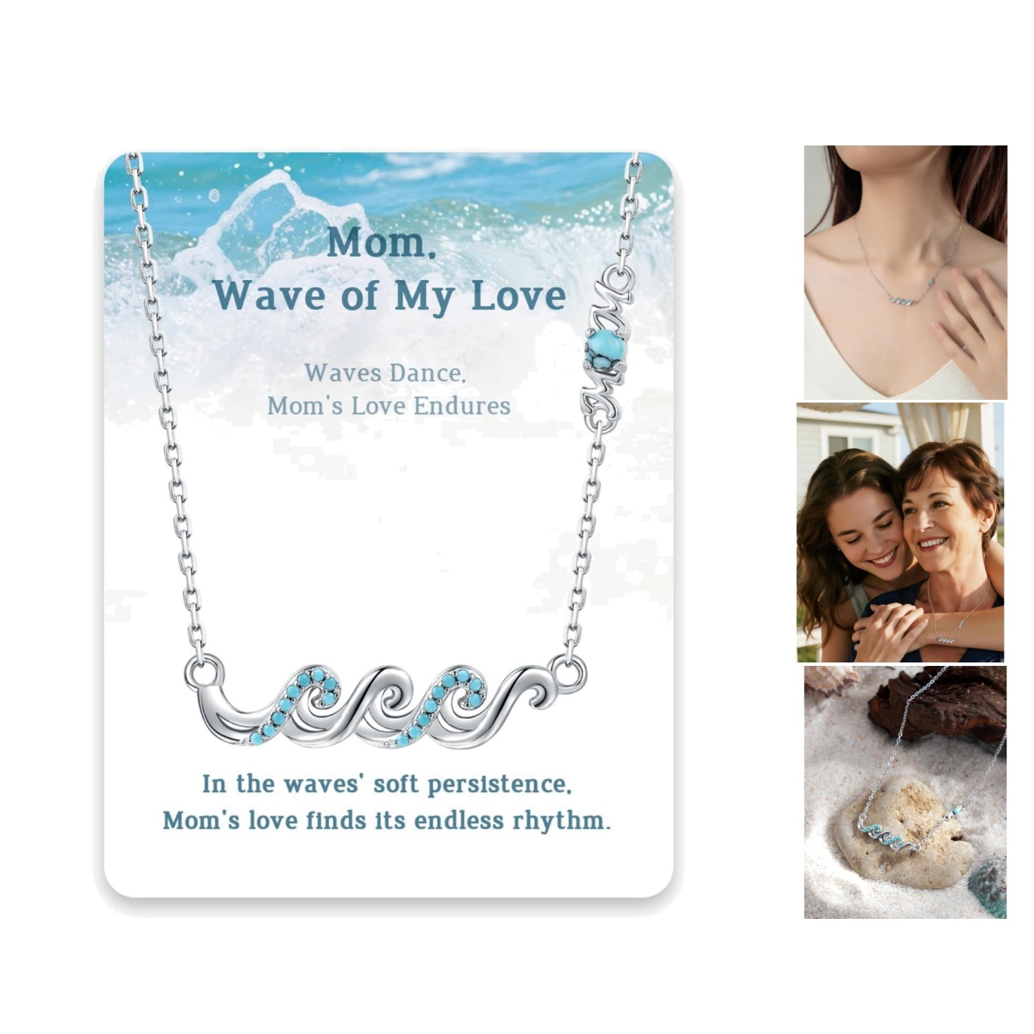 Wave Necklace for Women– 925 Sterling Silver Ocean Jewelry with Turquoise, Senti