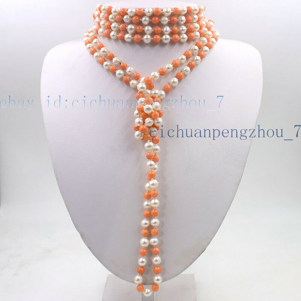 Natural 6-7mm White Pearl 8mm Orange Coral Round Beads Necklace 16-100”