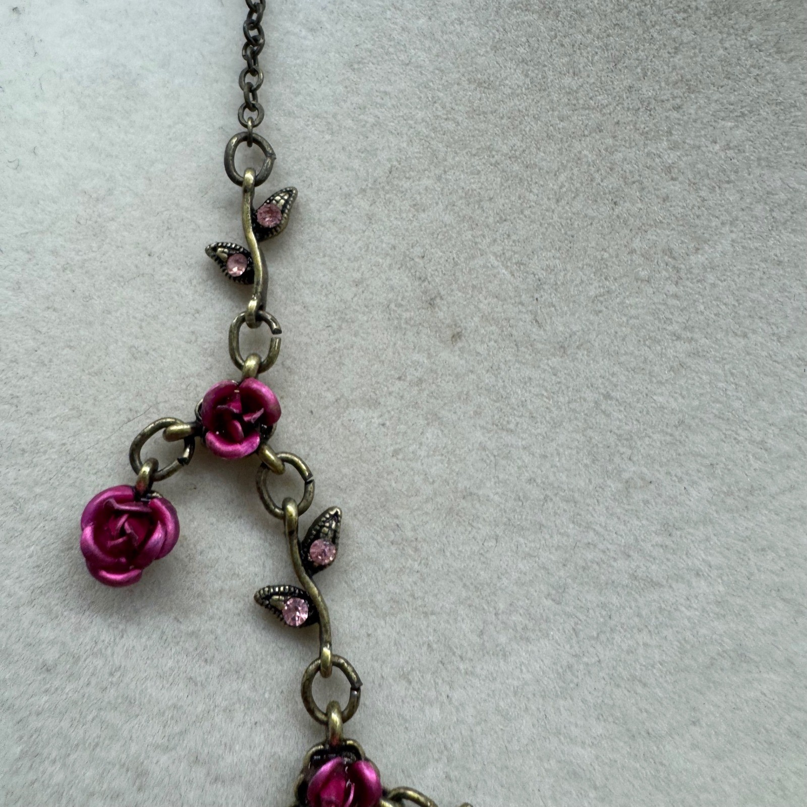 Vintage Style Antique Brass Magenta Rose Vine Rhinestone Floral Drop Necklace
