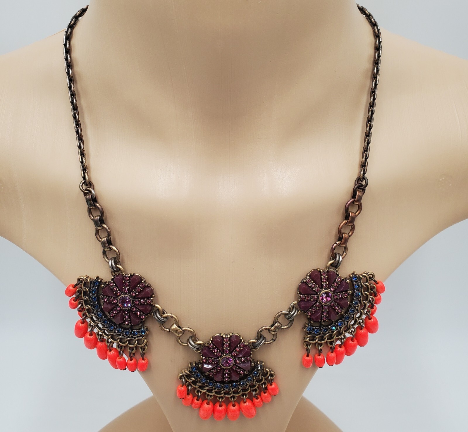 J Crew Necklace 18in +3 Brass Tone Neon Orange Bead Purple Crystals READ Flaw