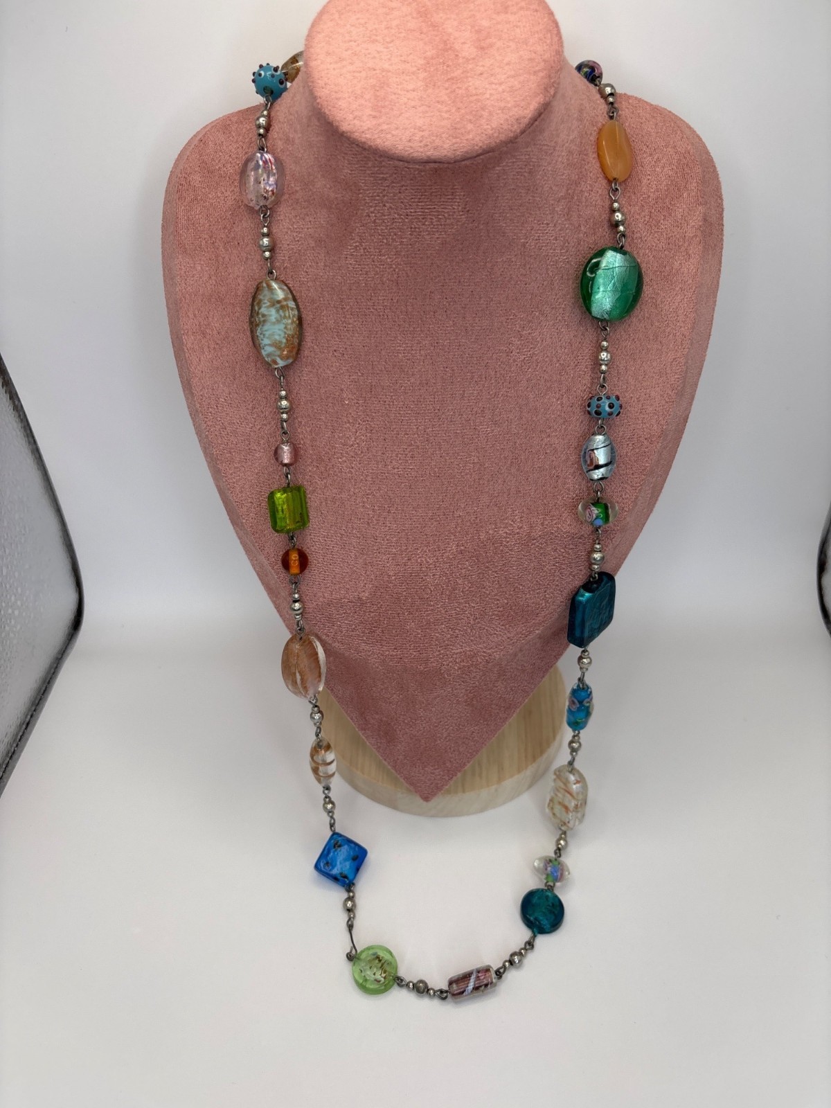 Premier Designs Venetian Murano Art Glass Beads Rhodium Plated 32″ Necklace