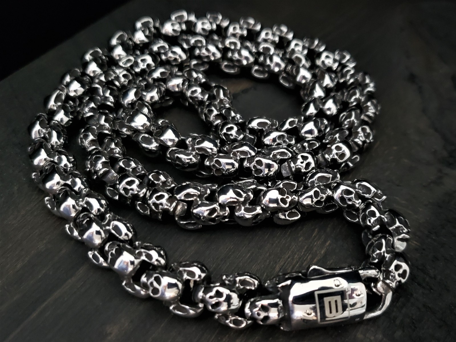 Skull Biker Necklace – Polished Silver Stainless Steel, 26″ Chain – BLACKSTATIC