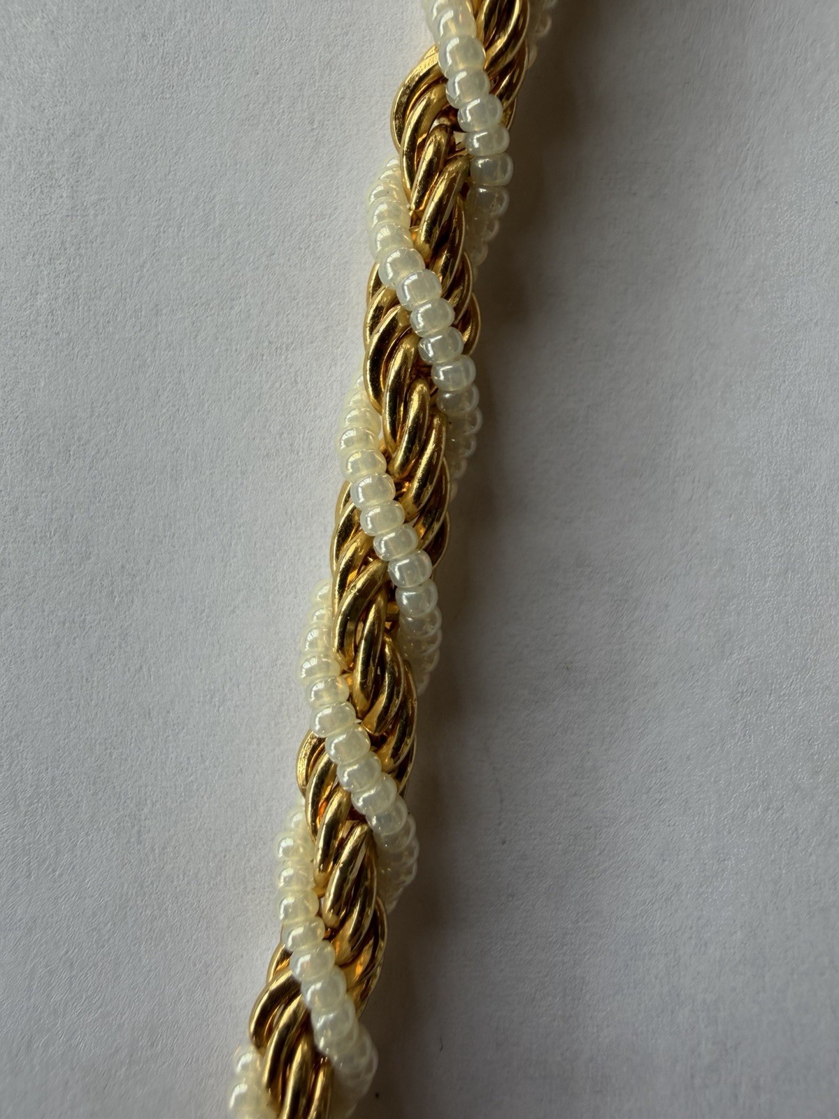 Vintage Trifari Gold Tone Twisted Rope Faux Seed Pearl Necklace 18” Signed