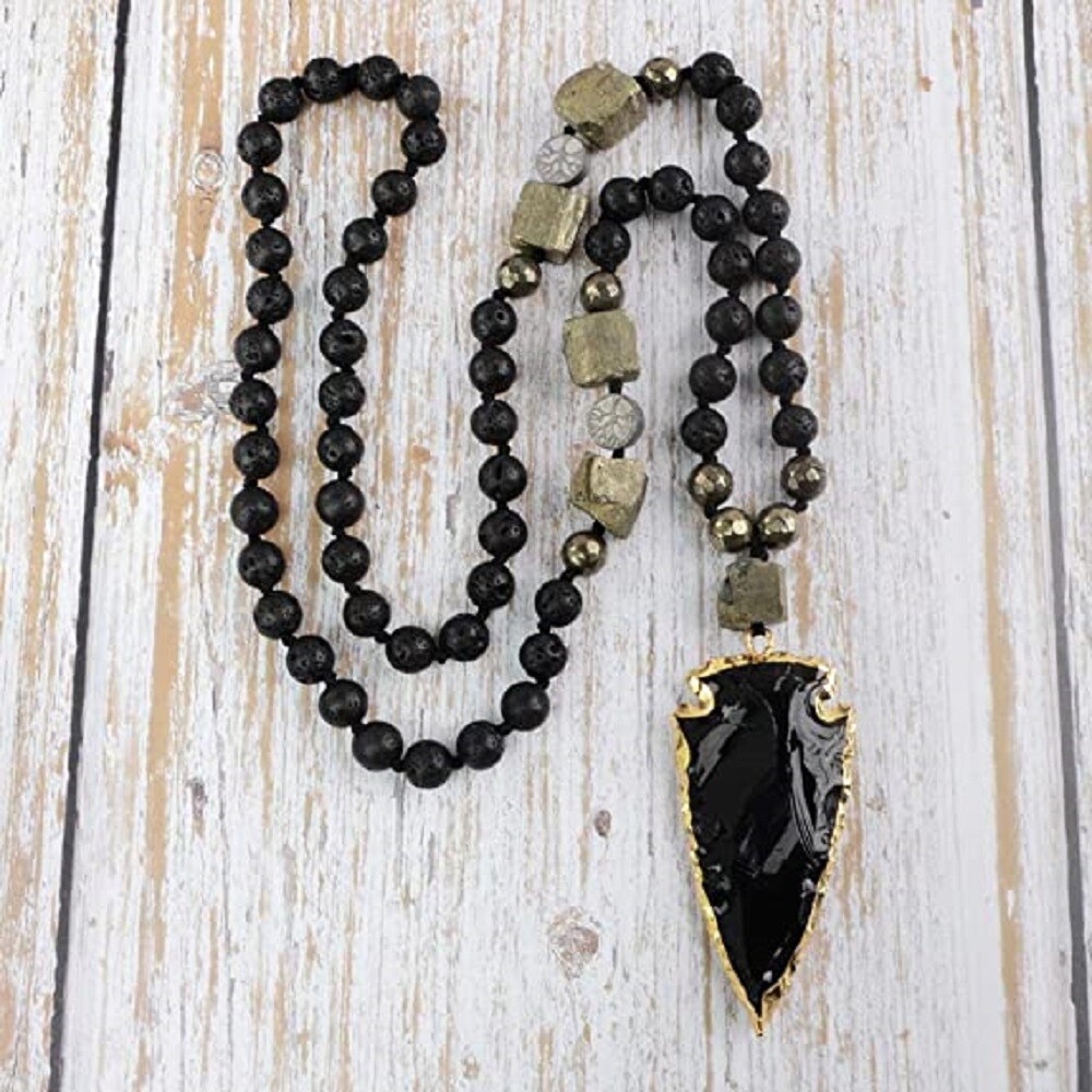Natural Obsidian Arrowhead Pendant Necklace Lava Rock Beaded for Mind Protection