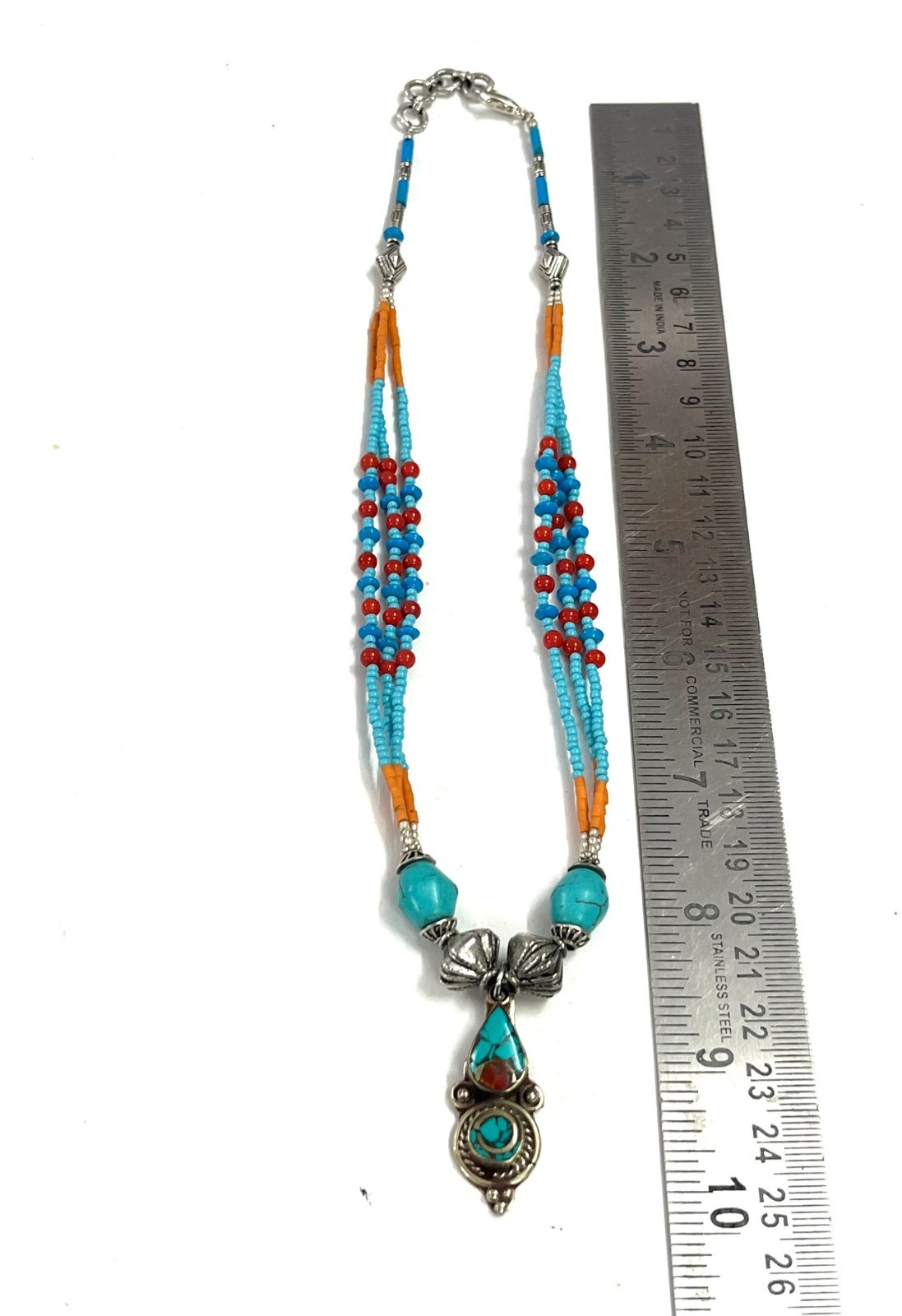 Handcrafted Turquoise Coral Gemstone Tibetan Necklace Jewelry, 17 inch Adjus
