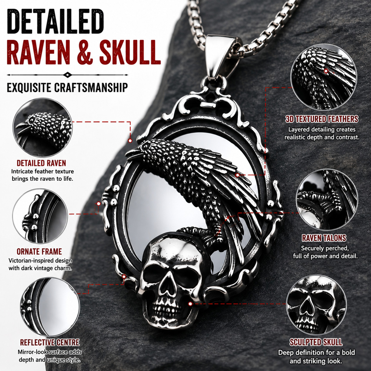 Men’s Gothic Raven Skull Mirror Necklace Antique Silver Pendant Chain Biker Gift