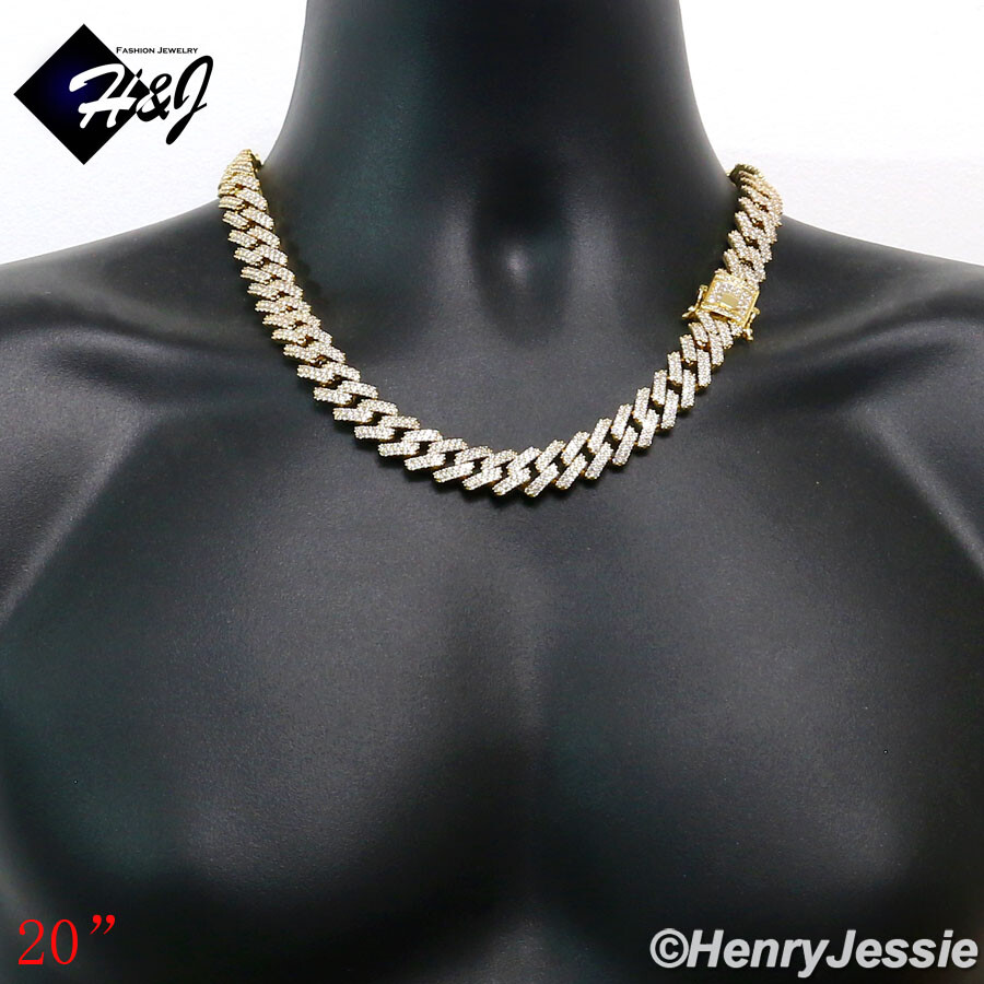 20″MEN 14K GOLD PLATED ICY BLING CZ 14MM GOLD MIAMI CUBAN CURB NECKLACE*BGN6
