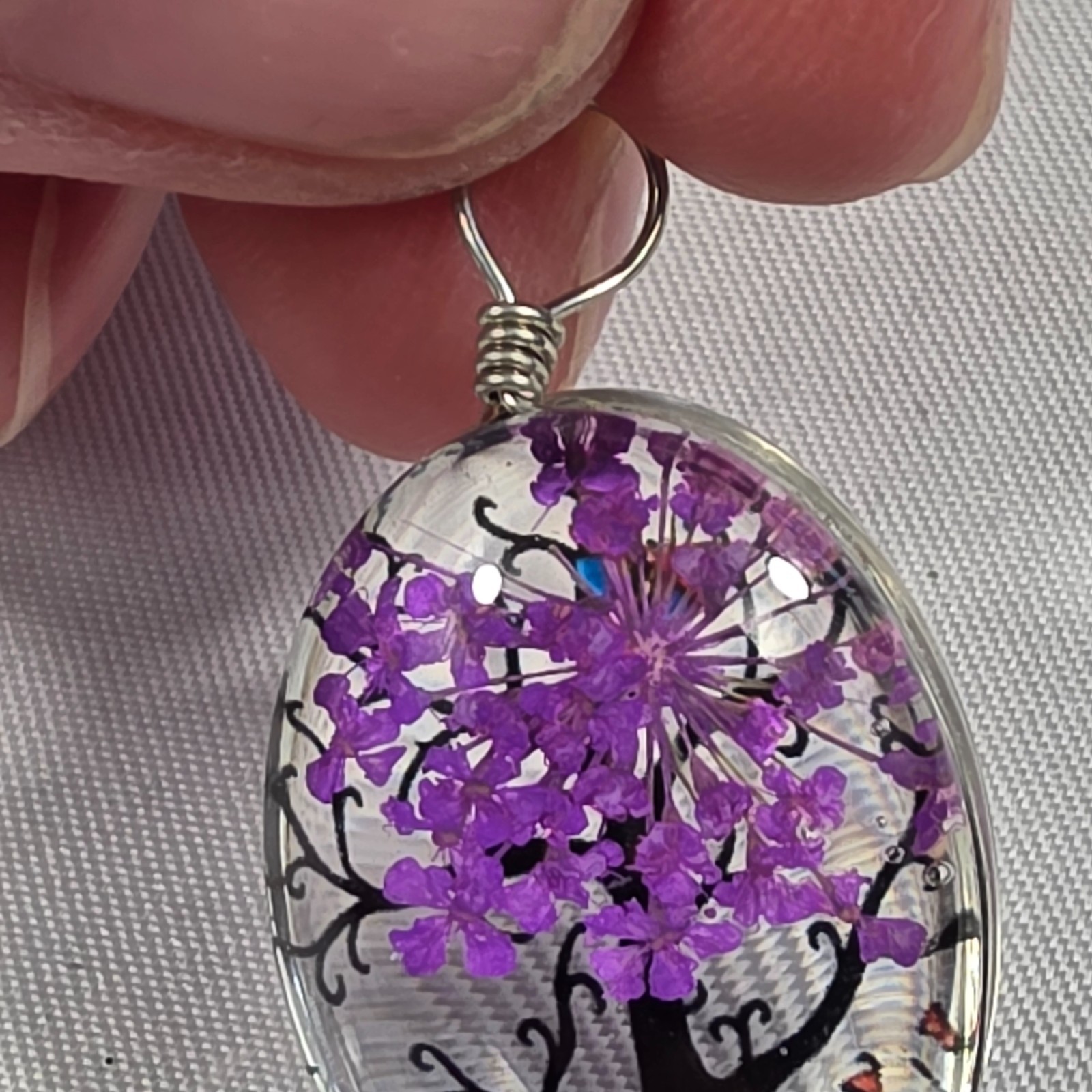 Tree of Life Resin Oval Pendant Dried Purple Flowers Butterflies, Tree & Grass