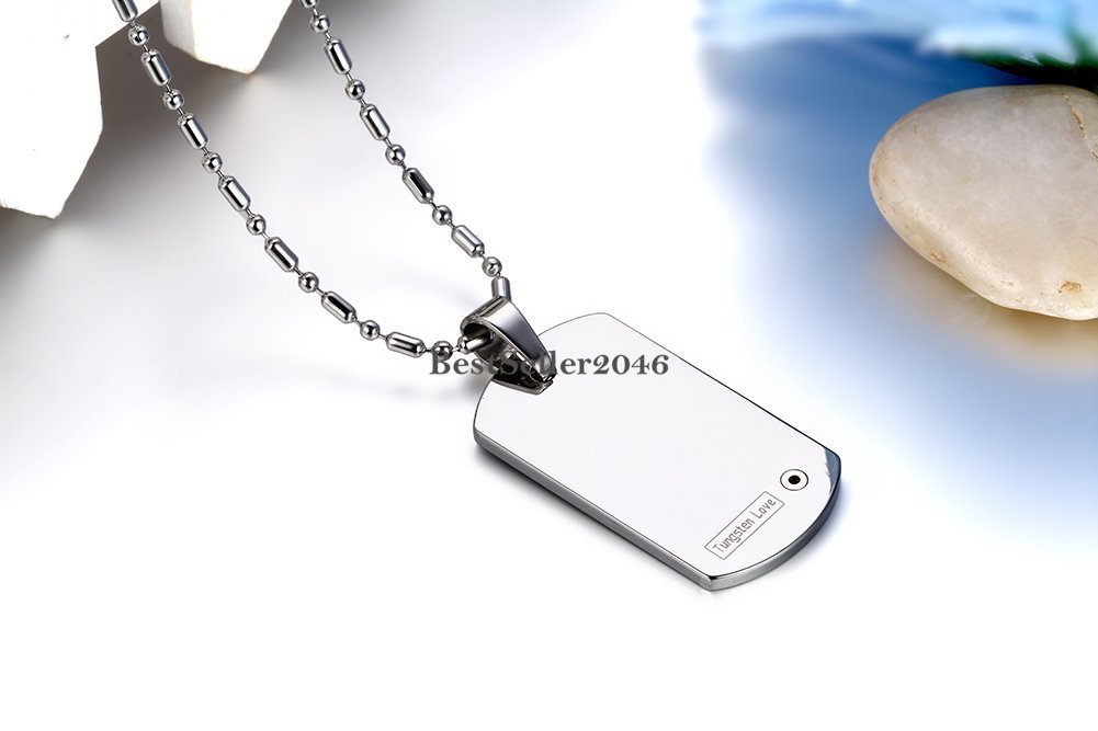 Men Boys Polished Tungsten Carbide Dog Tag Pendant Stainless Steel Necklace 22″