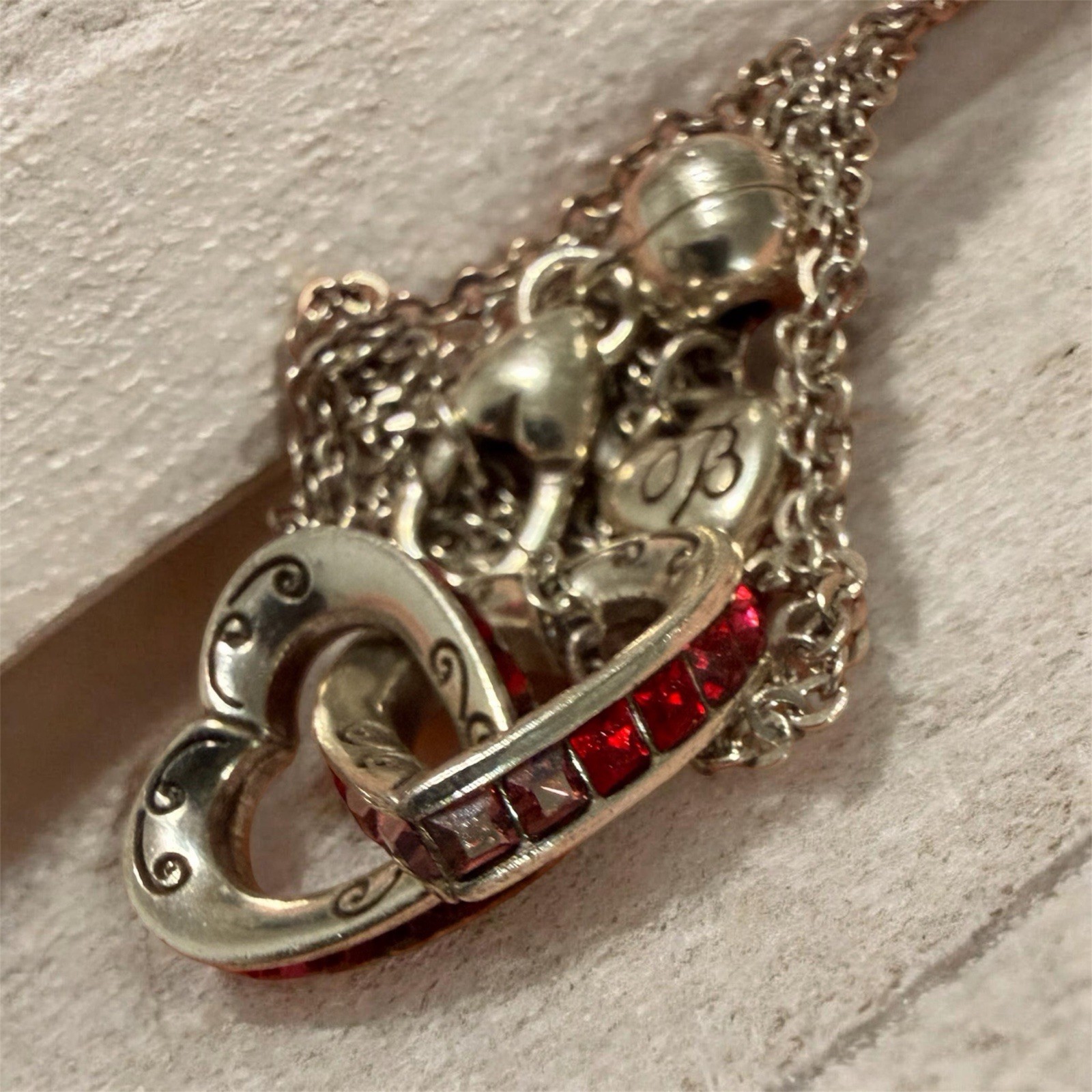 Retired Brighton Silver Plated Interlocking Heart Necklace Red & Clear Crystals
