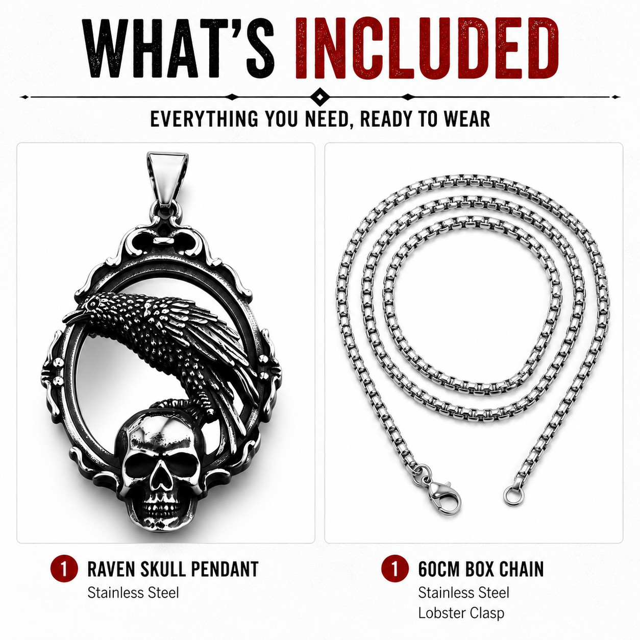 Men’s Gothic Raven Skull Mirror Necklace Antique Silver Pendant Chain Biker Gift