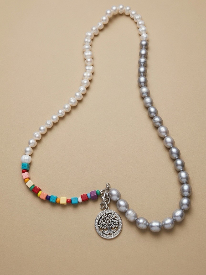 White Gray Pearl Beaded Necklace Multicolor Turquoise Tree of Life Charm Silver