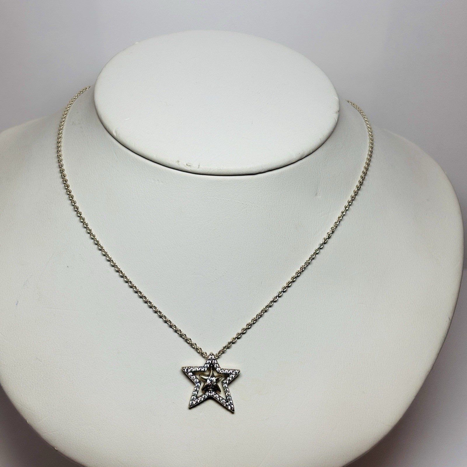 Pandora Sterling 925 Silver Asymmetric Star CZ Necklace 390020C01 15 in -.14