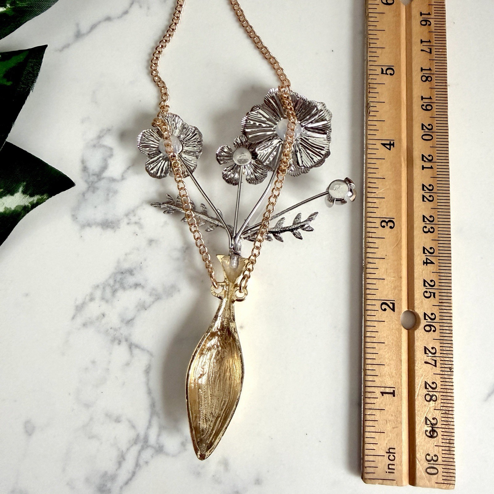 Flower Vase Gold & Silver Necklace Oversized Botanical Long Boho Jewelry NEW