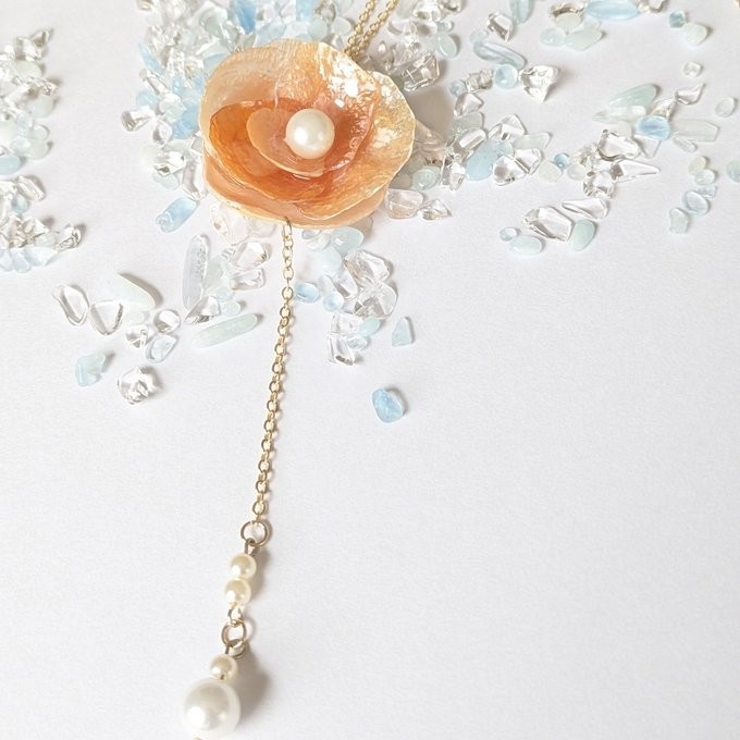 Handmade Japanese Orange Shell Flower Y-Necklace, Coastal Boho Pearl Lariat Jewe
