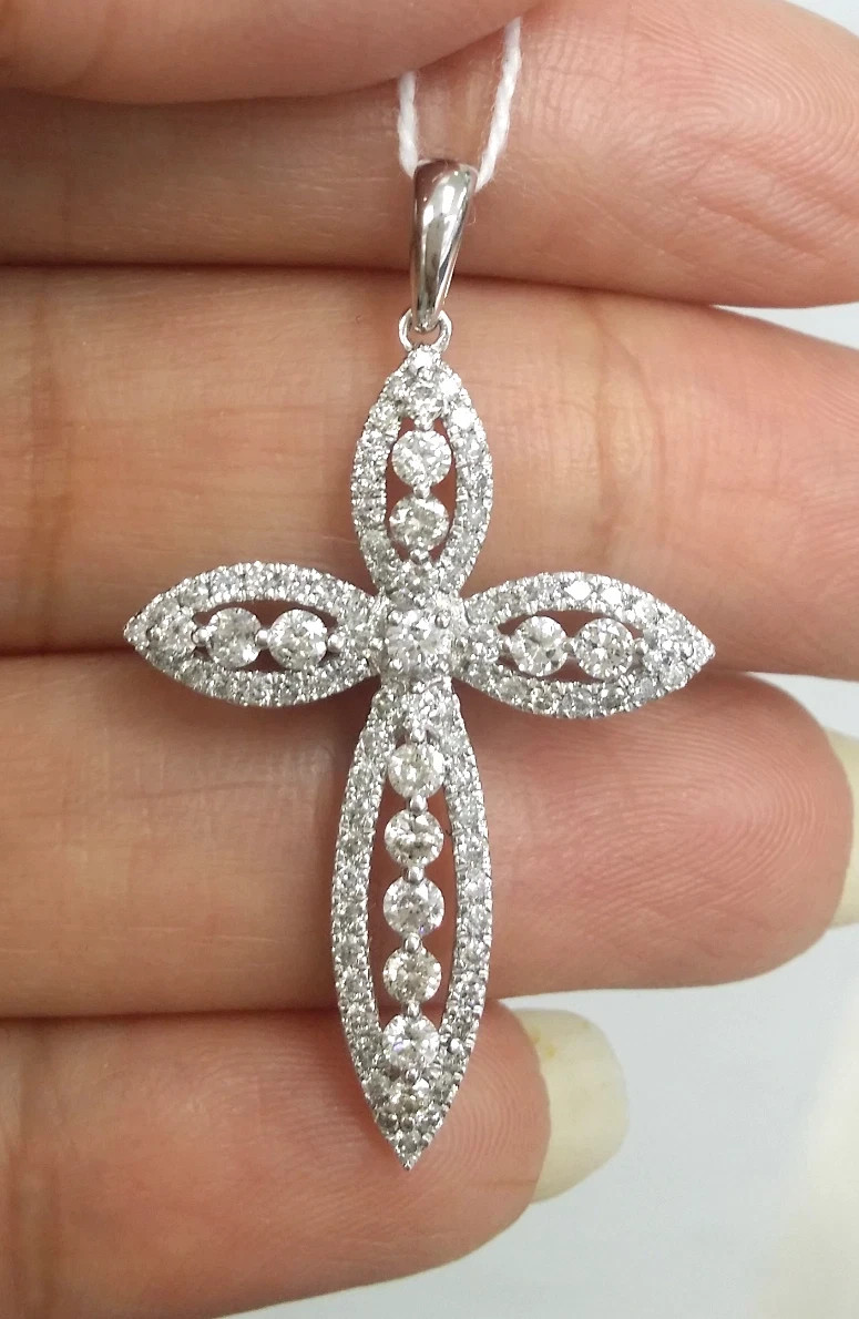 14k White Gold Plated 2Ct Round Cut Simulated Diamond Cross Pendant Necklace