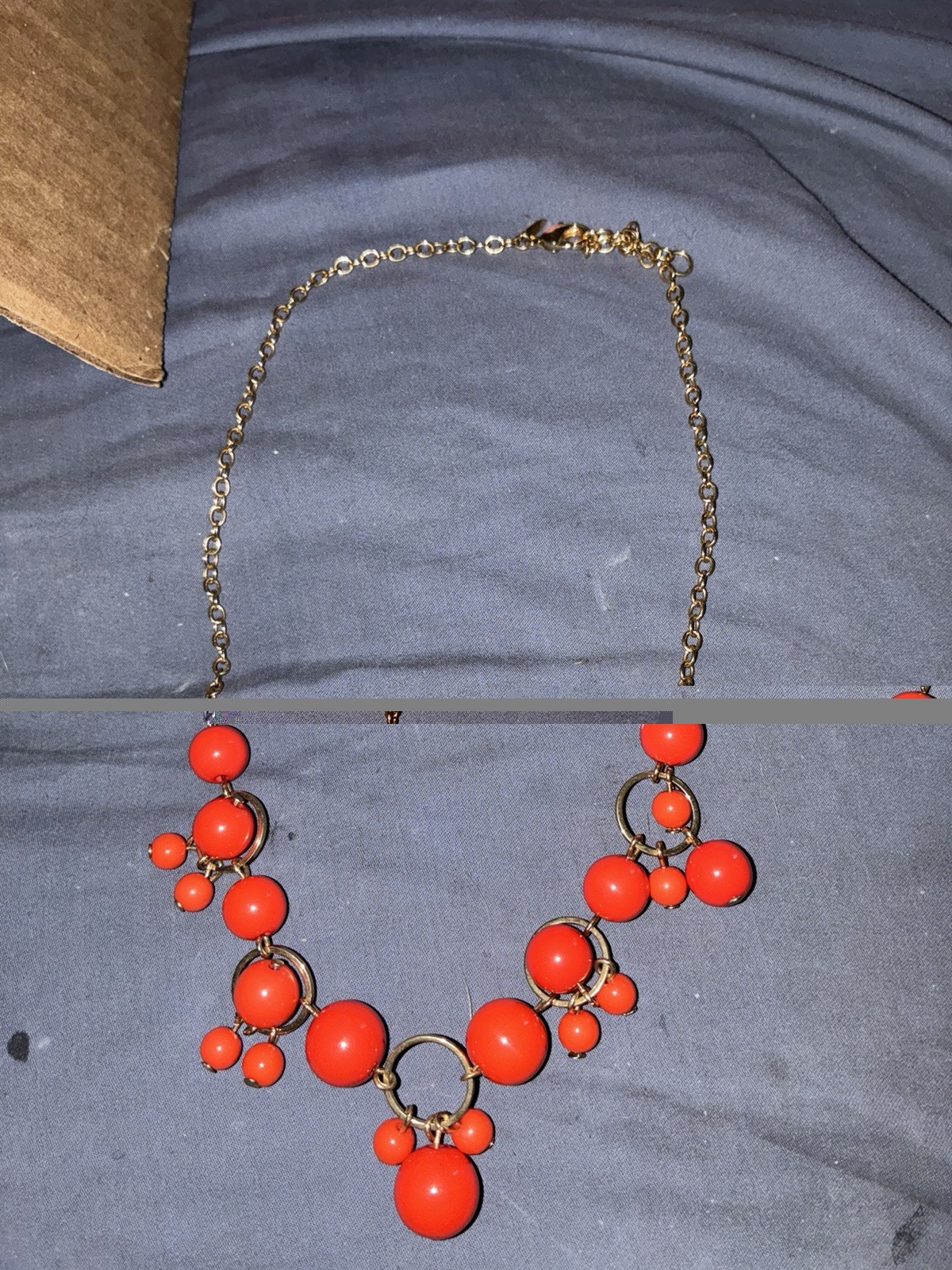 Gold Tone Cable Chain Necklace, Red Bead Cluster Drops, Lobster Clasp