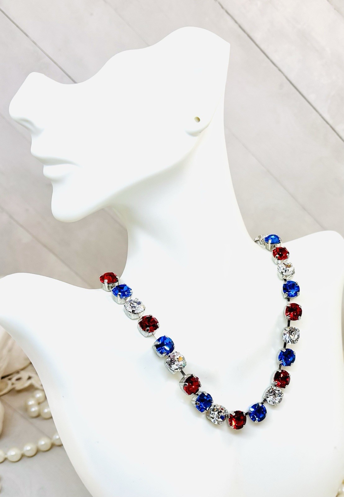 Shiny Silver Plated Patriotic Red, White, and Blue Crystal Cup Chain Necklace