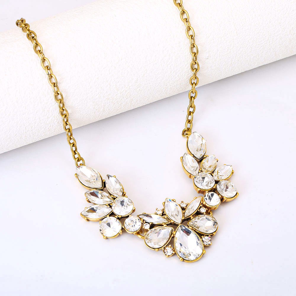 Women Multi Shape Crystal Bib Necklace Antique Gold Party Statement Jewelry