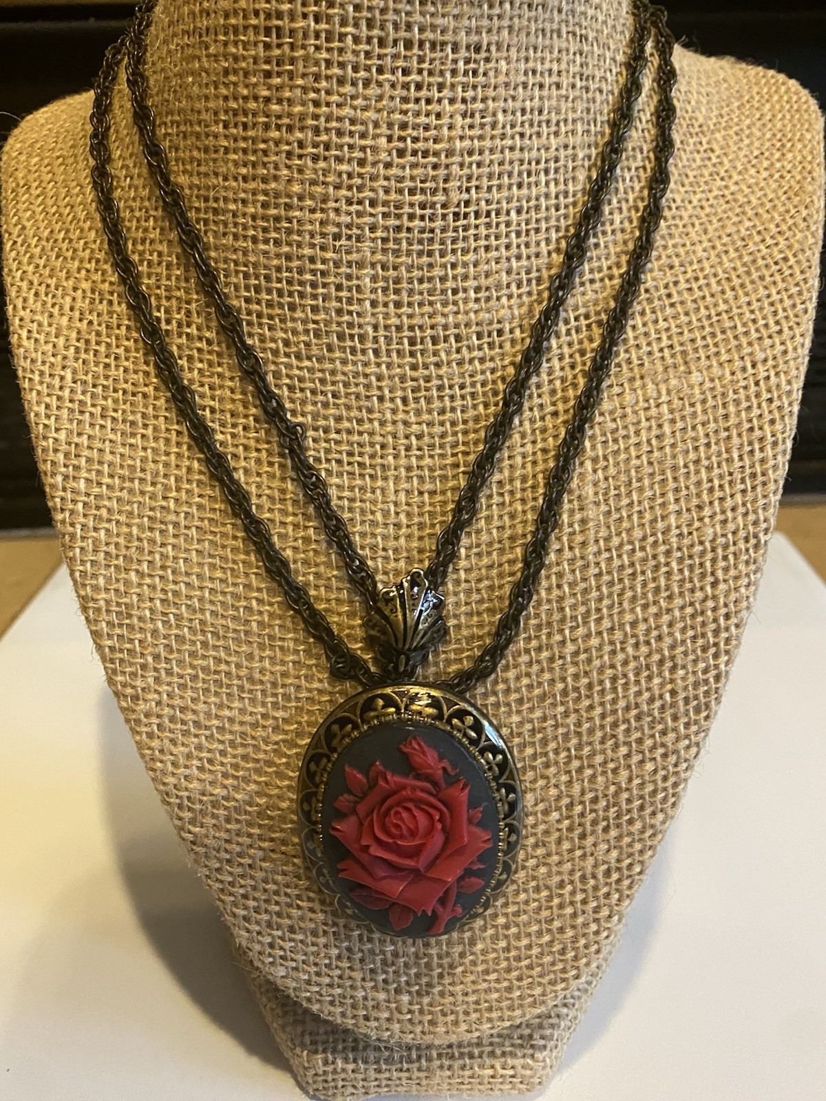 Sweet Romance USA Red Rose Double Strand Statement Necklace Antique Gold