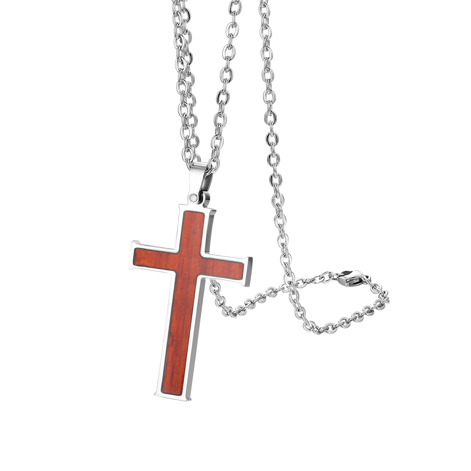 Men Women Stainless Steel Wooden Cross Pendant Chain Necklace Religious Prayer