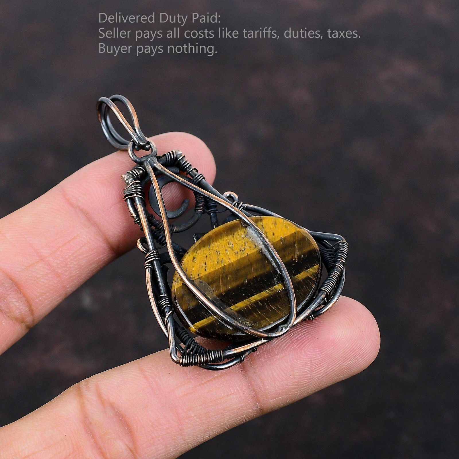 Copper Sacral Chakra Oval Tiger’s Eye Stone Unique Wire Wrapped Pendant Jewelry