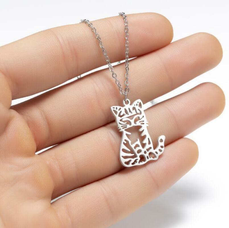 Unisex Punk Silver Flower Cat Titanium S.Steel Pendant Kitten Chain Necklace