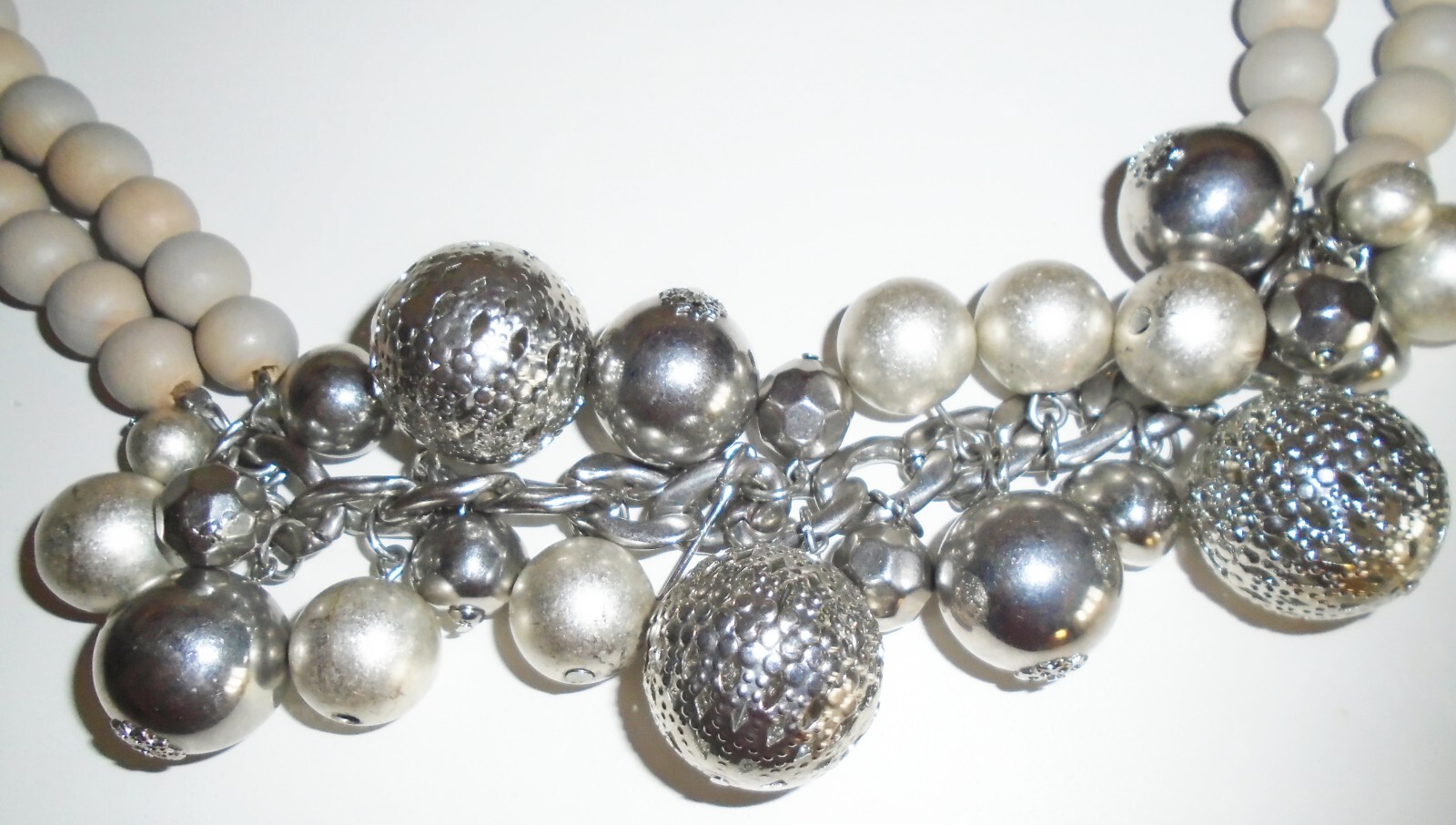Jaeger Tassel Double Row Necklace cream beads silver beads & silver chain vgc