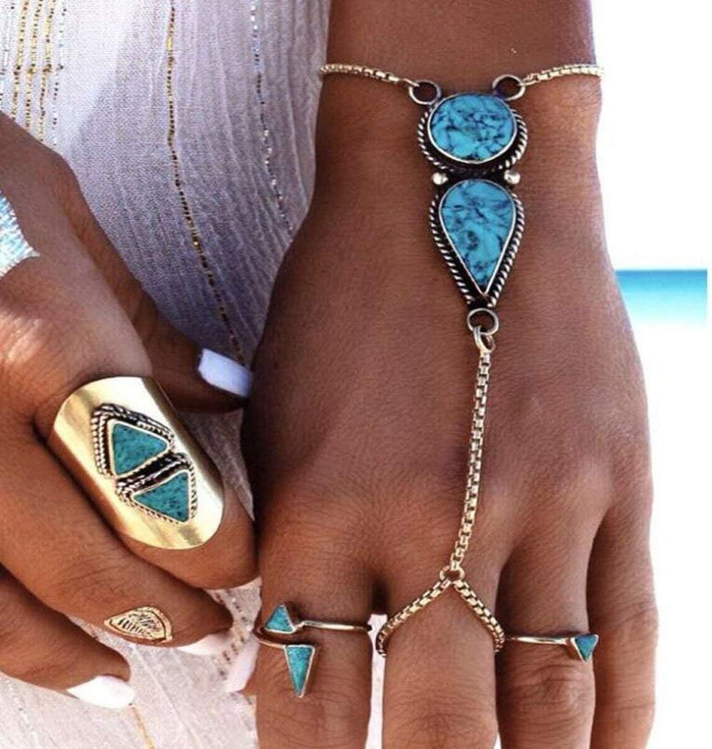 Boho Slave Bracelets Silver Turquoise Finger Ring Bracelets Summer Beach Hand…