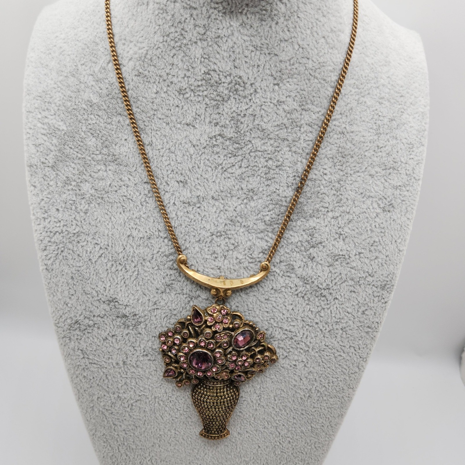 Vintage Floral Vase Pendant Necklace Purple Rhinestone Victorian Revival Gold