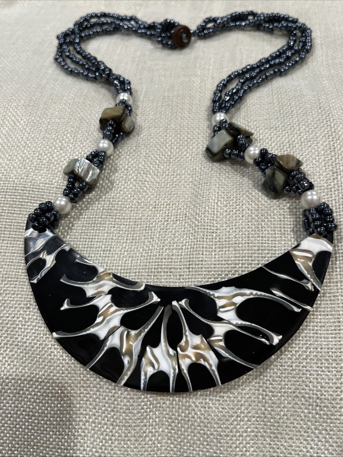 Black Beaded Moon Shell Multi Strand Necklace 12 X 5