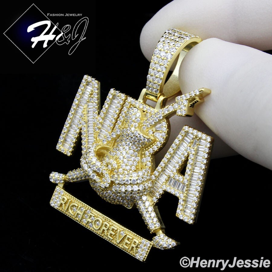 925 STERLING SILVER BLING CZ 3D HIPHOP GOLD PLATED RICH FOREVER PENDANT*GP529
