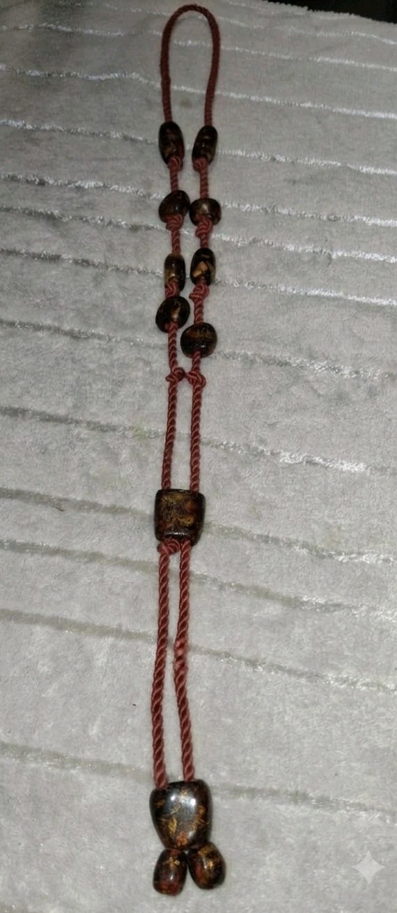 Vintage Cord Bolo Tie Lariat Necklace Wooden Beads Gold Fleck Boho Southwestern