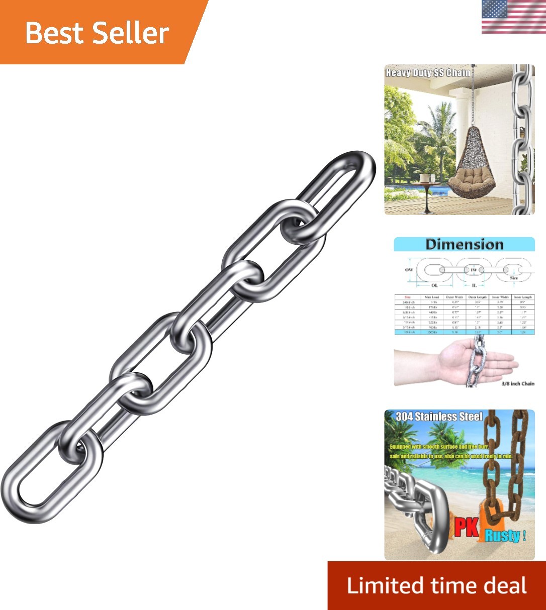 Stainless Steel Chain 3/8in Heavy Duty 6.5ft Security Load 5500lb