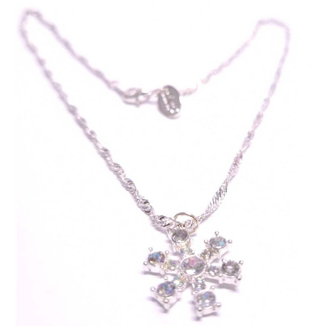 Snowflake Necklace Rhinestone Pendant Charm 15″ Water Wave Chain Silver Plated ?