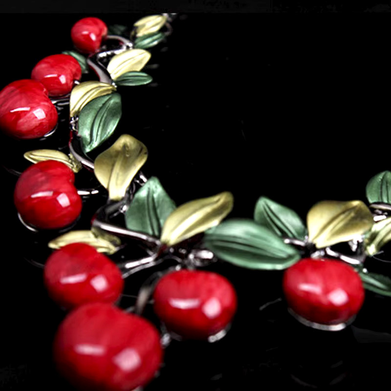 Sweet Red CHERRY Leaf Blossom Choker Betsey Johnson Enamel Necklace Earrings SET