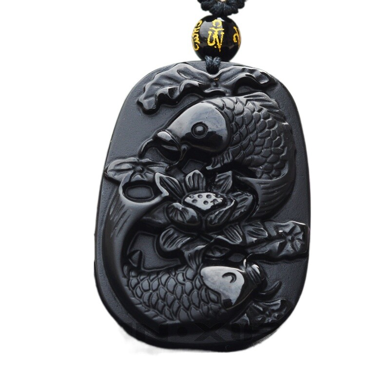 Natural Obsidian Pisces lotus fish koi necklace Amulet pendant with bead chain